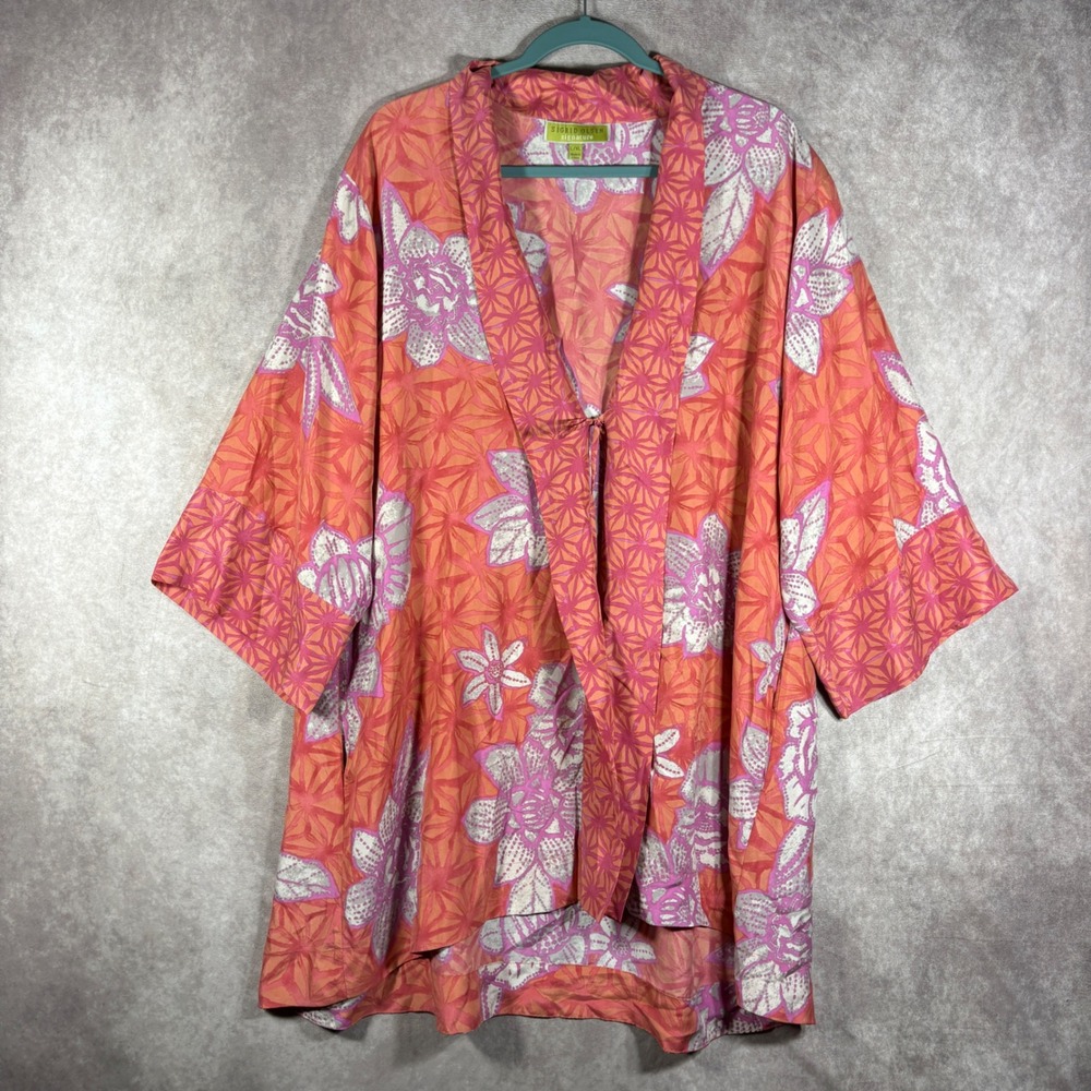 Sigrid Olsen Kimono Womens L/XL Pink Floral Silk Signature Open Front Robe Boho